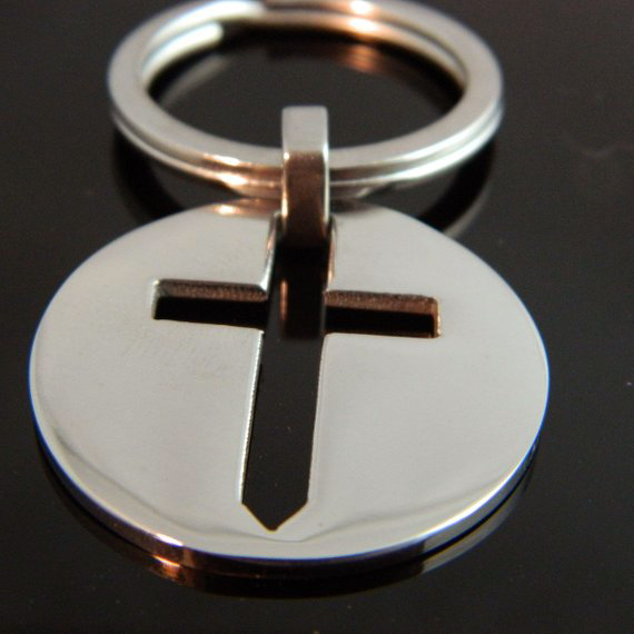 Large Round Stainless Steel Cross Keychain